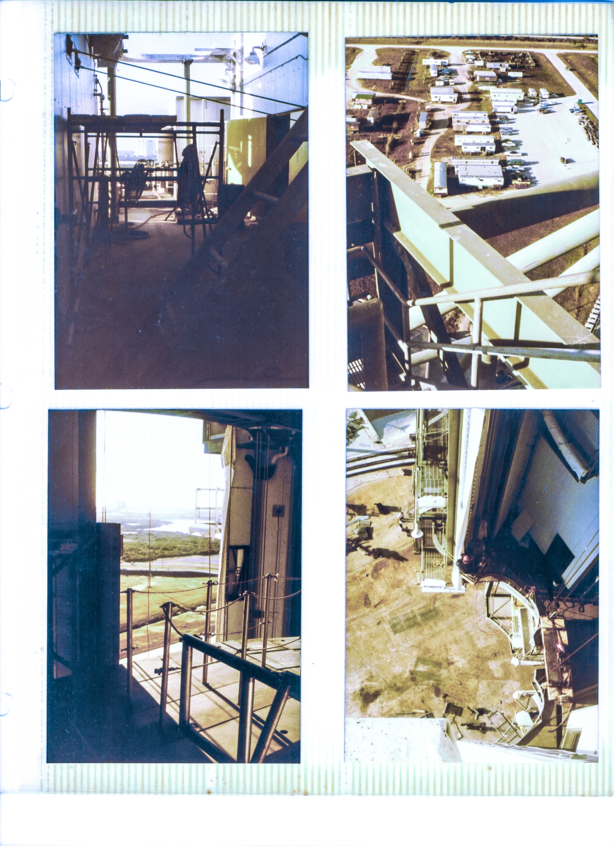 Clockwise from top left: Looking at the VAB in the far distance, between the RCS Room and the Hoist Equipment Room on top of the Rotating Service Structure at Space Shuttle Launch Complex 39-B, Kennedy Space Center Florida. A view from the top of the RSS to the west, looking down toward the contractor and engineering field trailers. Looking down toward the pad deck, through the OMS Pod Cutout areas in the lower portions of the RSS, from near the top of the RSS. Looking out toward Pad 39-A in the far distance, from inside the Payload Changeout Room at Pad B, from the top level of the PCR interior platforms.